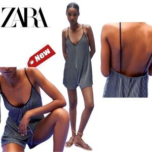 Zara navy blue white striped spaghetti strap V-neck short knit romper Sz M NWT